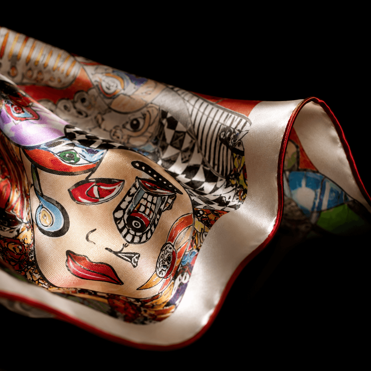 Silk scarf detail with printed painting fragment